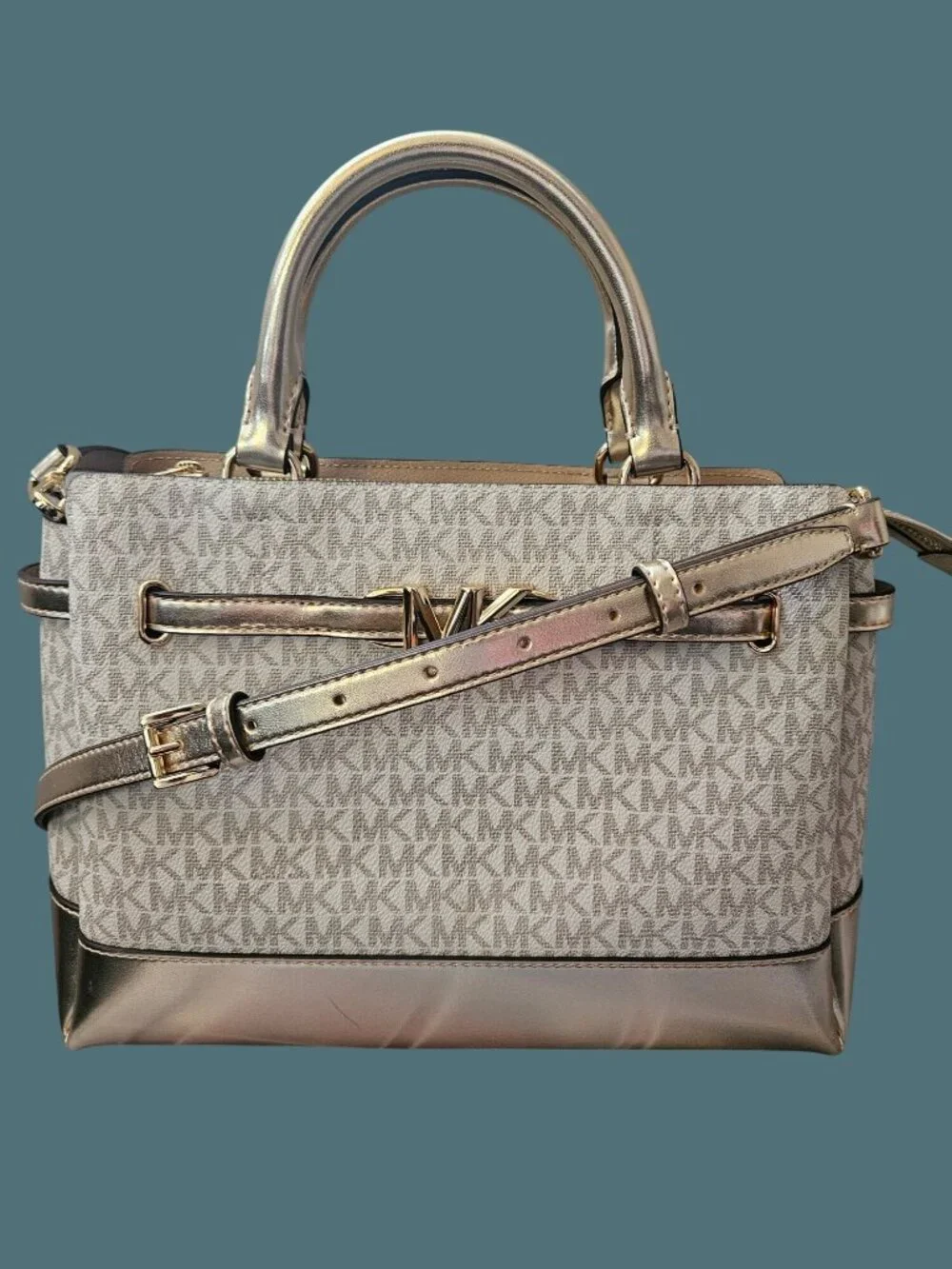 Michael Kors Reed Large Belted Vanilla Pale Gold Satchel Crossbody Bag